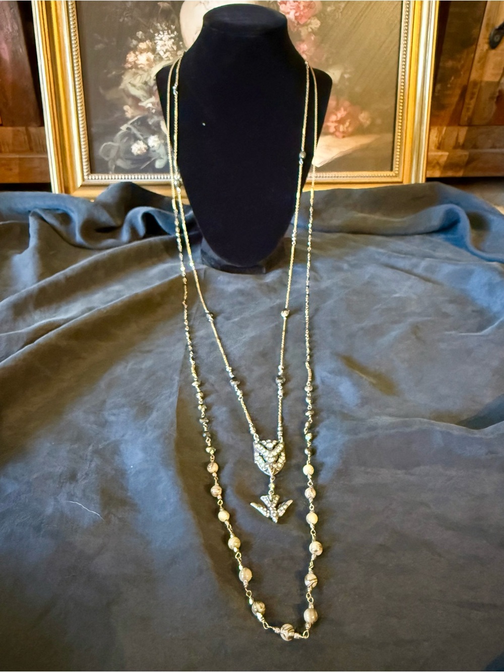 CAbi Gold-Tone Long Layered Necklace with Silver Toned Rhinestone Bird Pendant